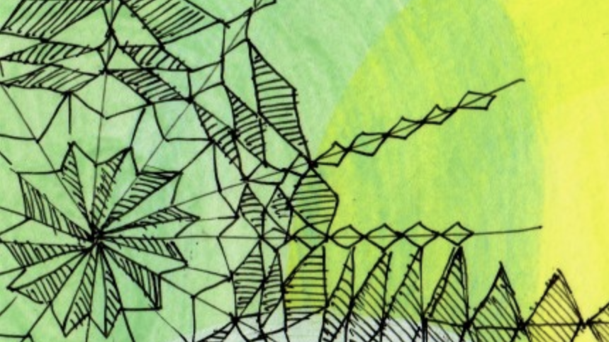 Pencil and watercolor sketch in light green and blue of triangle shapes forming a circle